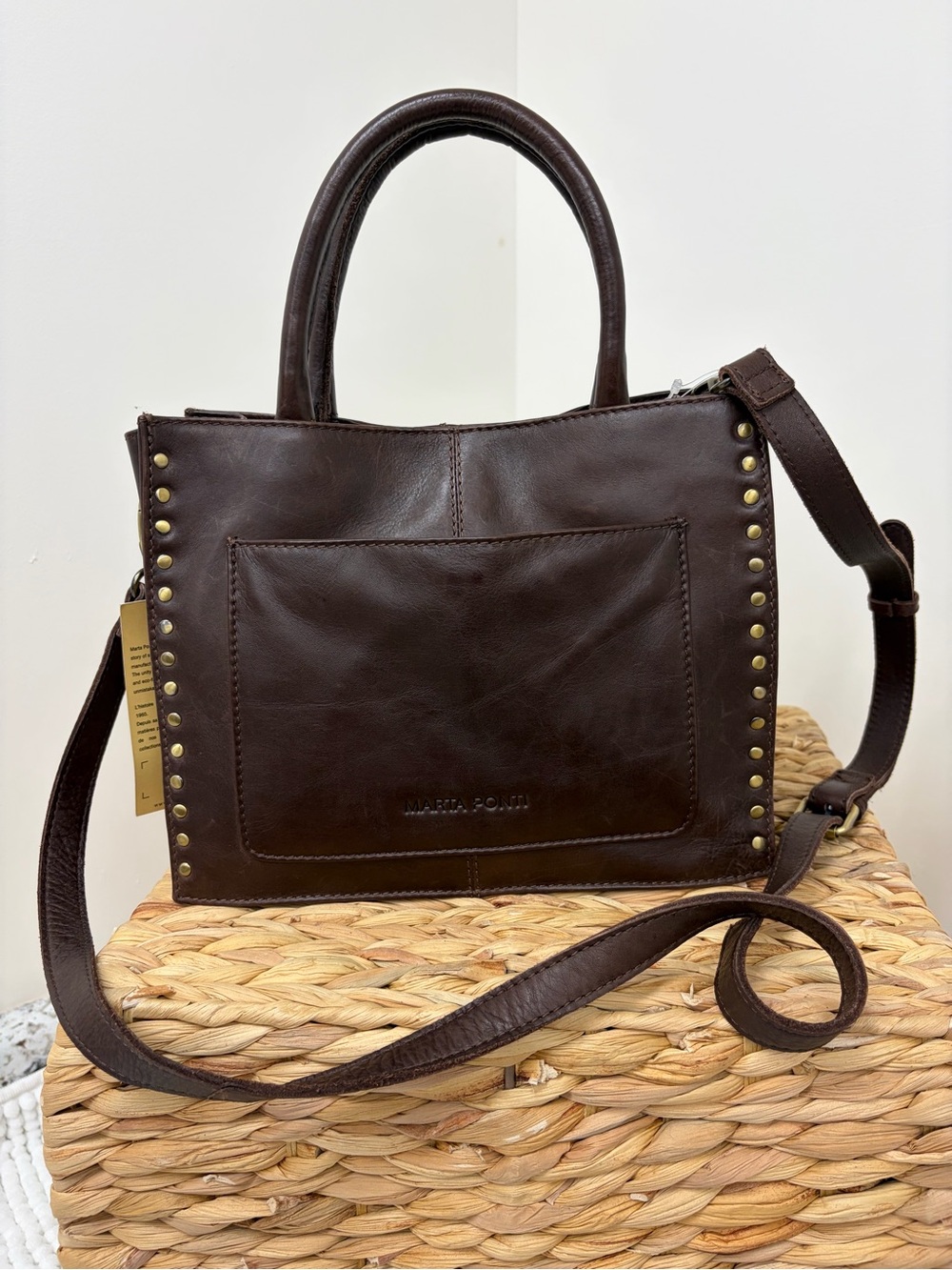 Marta Ponti Dark Brown Leather Studded Shoulder Bag